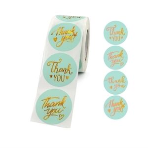 1.5" Teal Thank♡ YOU ♡ Stickers with Gold Script•500PK